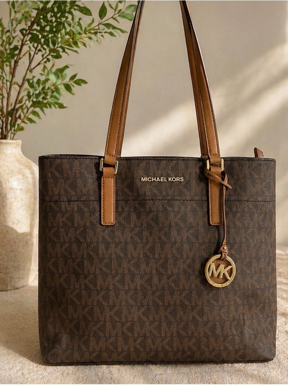 Michael Kors Dark Brown Monogram Tote with Tan Straps